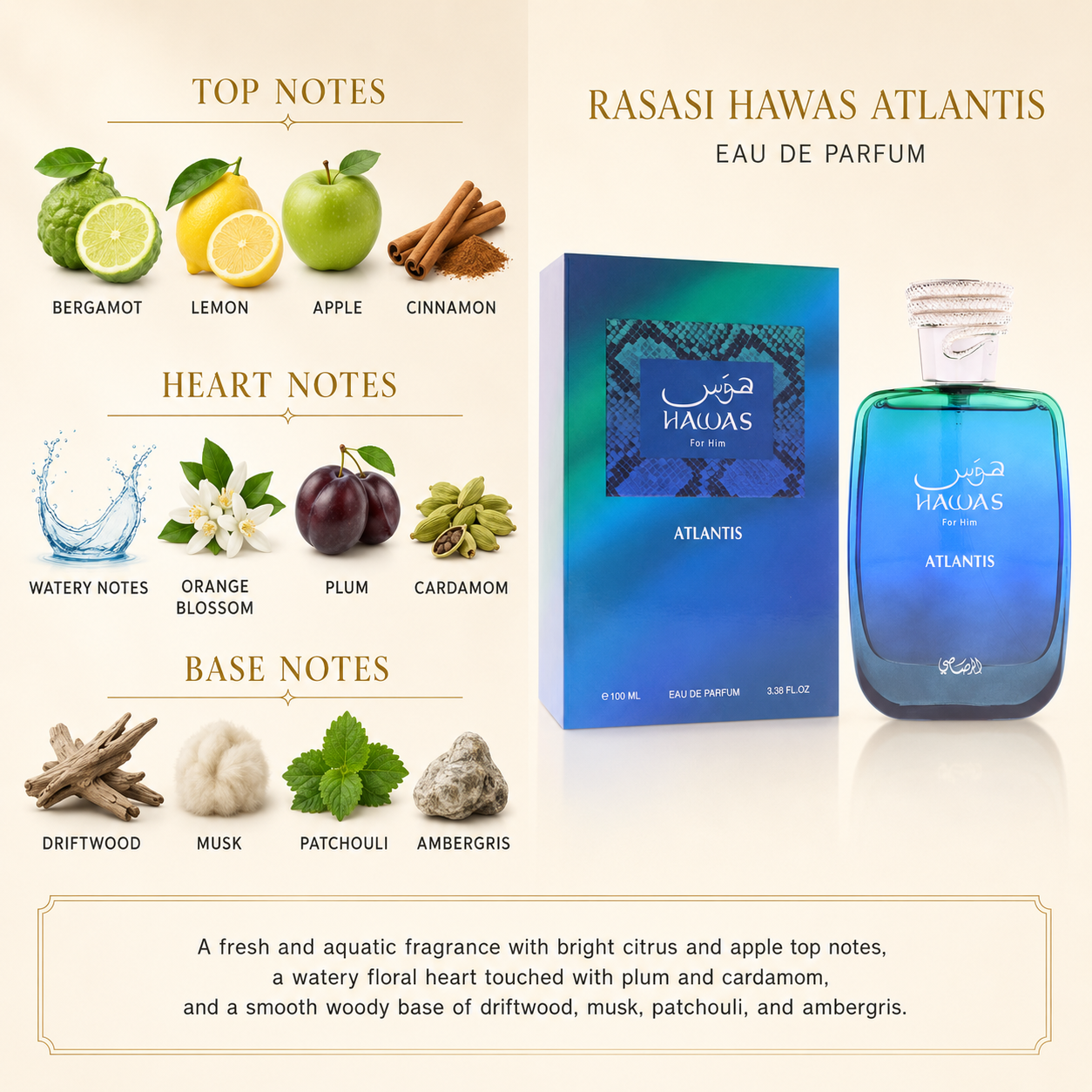 Rasasi Hawas Atlantis Men's EDP Spray 3.38 oz (100ml)