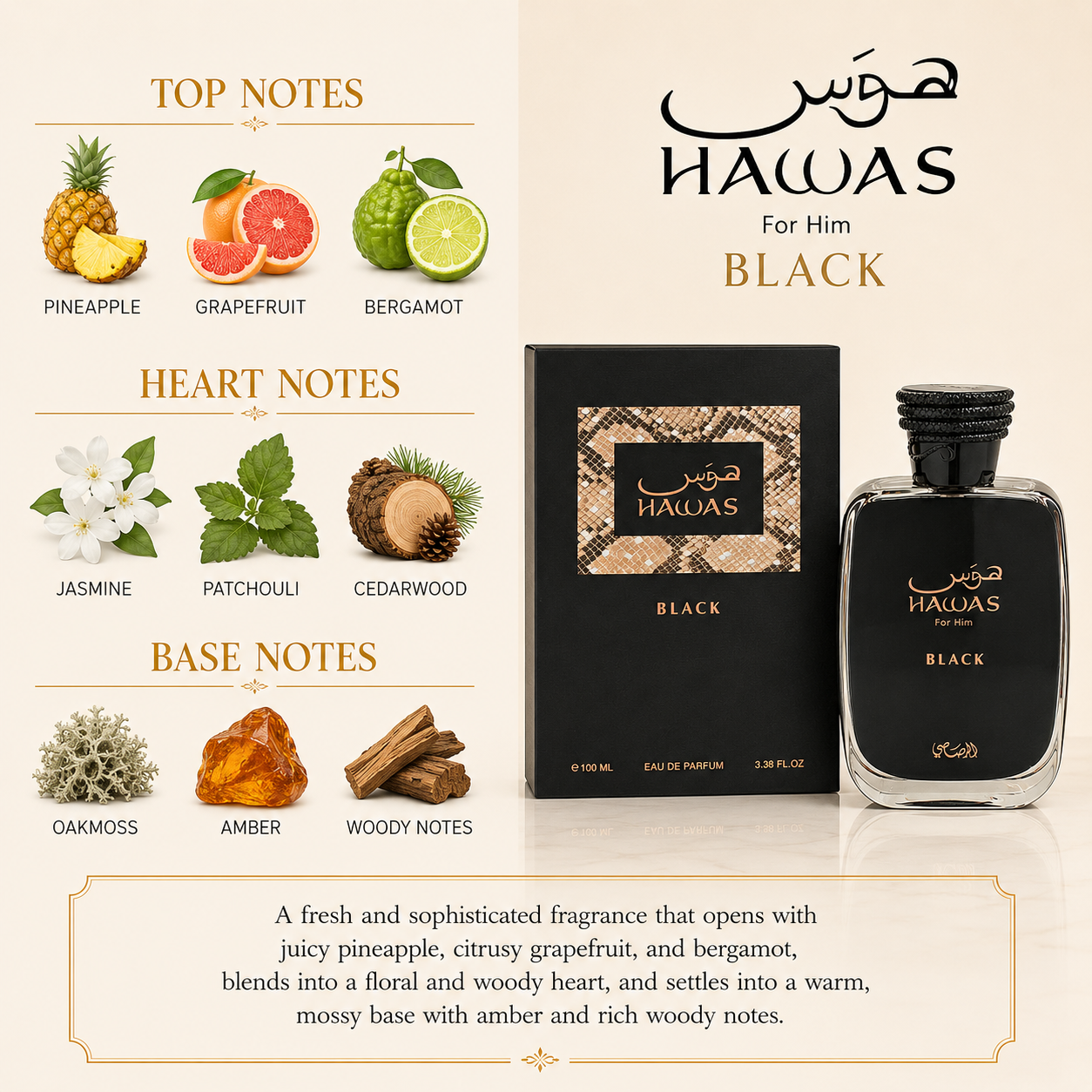 Rasasi Hawas Black Men 3.38 oz (100ml) EDP Spray