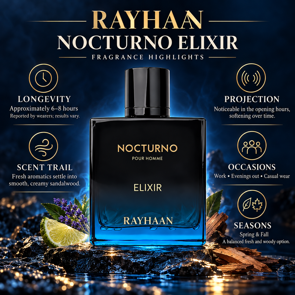 Rayhaan Men's Nocturno Elixir EDP Spray 3.4 oz (100 ml)